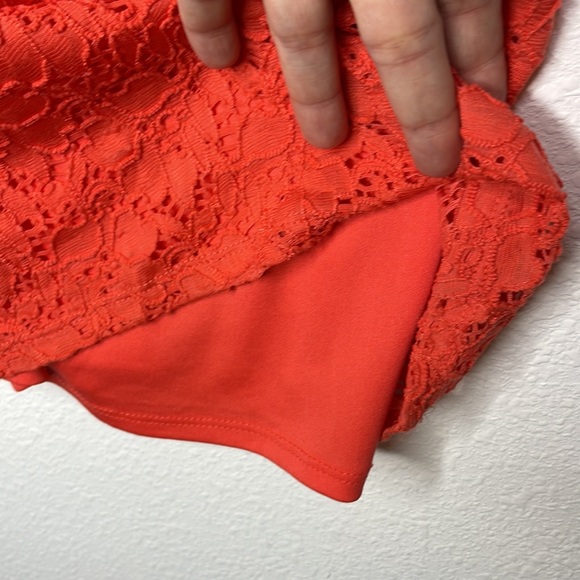 Y2K Ambiance Apparel Size M Coral Orange Floral Lace Bodycon Stretch Mini Dress - Picture 8 of 8